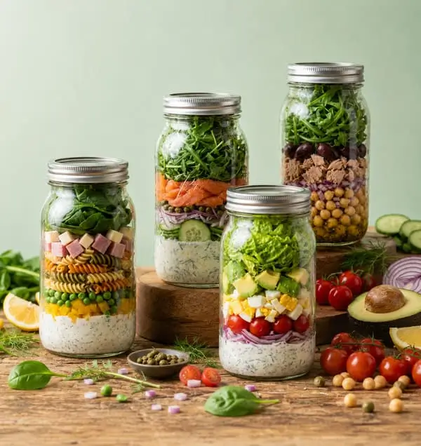 Frascos de ensaladas listas para la semana